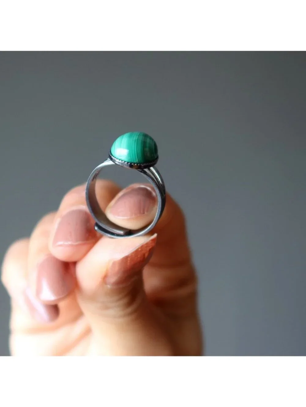 Malachite Ring Tough Gunmetal Adjustable Size 4 to 10 Green Gemstone Boho Jewelr